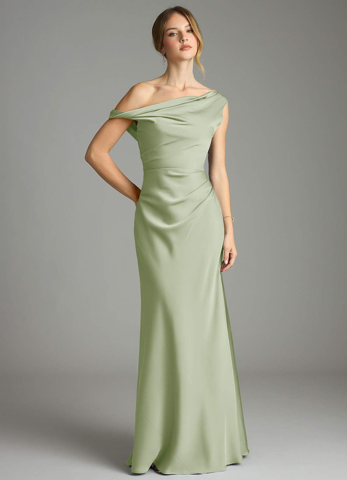 Emerson Mermaid One-Shoulder Stretch Satin Bridesmaid Dress in Dusty Sage