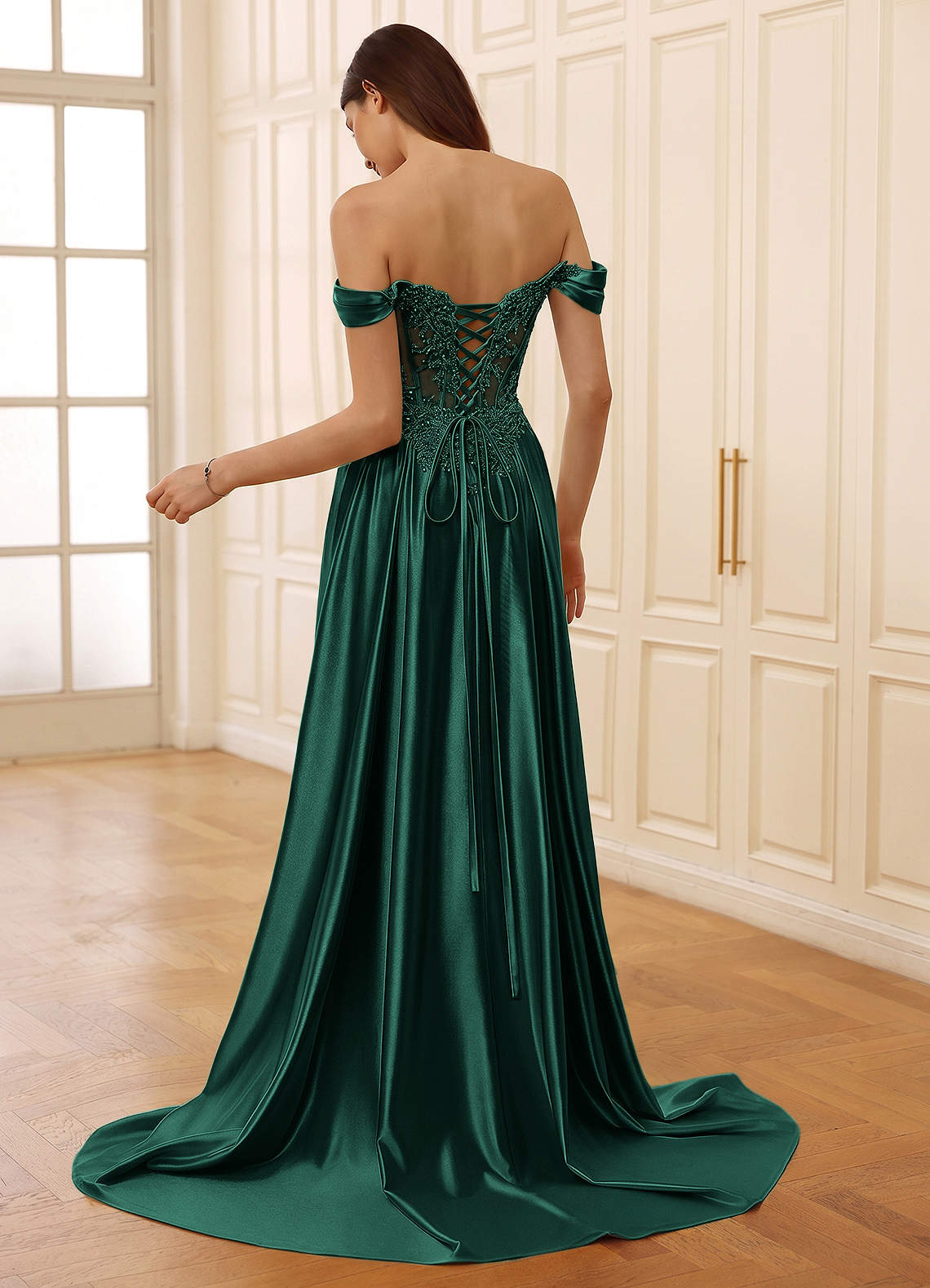 Rowane A-Line Off-the-Shoulder Satin Evening Dress in green