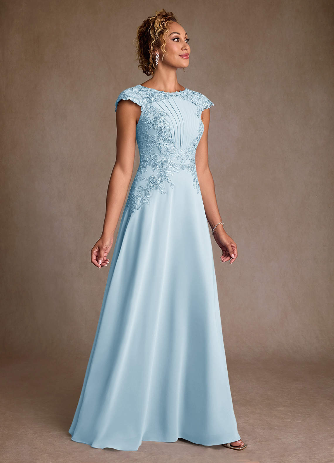Christi A-Line Scoop-Neck Chiffon and Lace Mother of the Bride Dress in Sky Blue