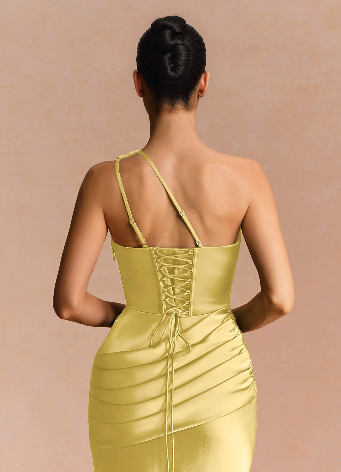 Guinevere One-Shoulder Cutout Stretch Satin Evening Dress in Pastel Yellow