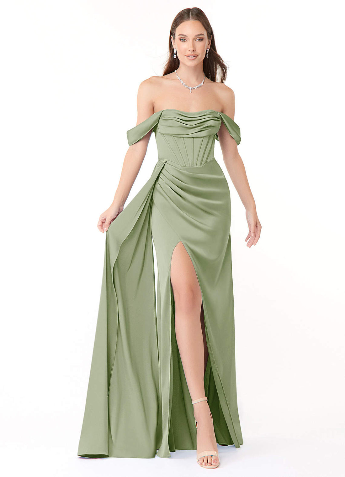 Amyra Mermaid Off-the-Shoulder Stretch Satin Bridesmaid Dress in black