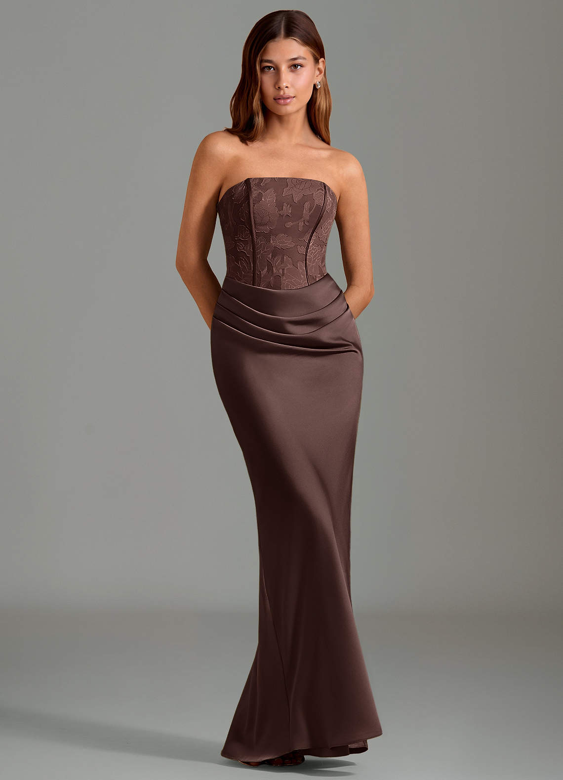 Emilia Mermaid Strapless Stretch Satin and Floral Burnout Bridesmaid Dress