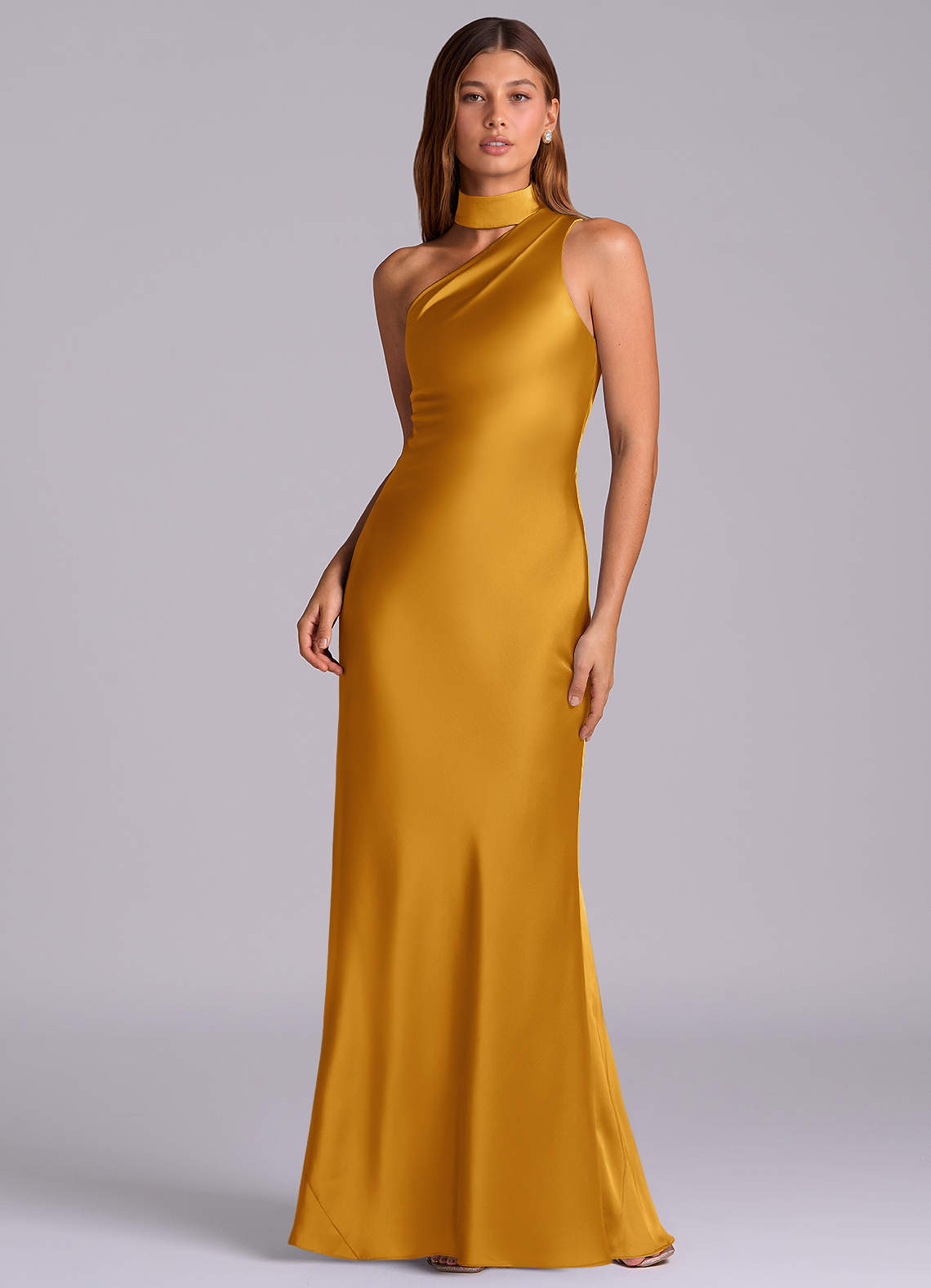 Seona Mermaid One-Shoulder Stretch Satin and Tulle Bridesmaid Dress in butterscotch