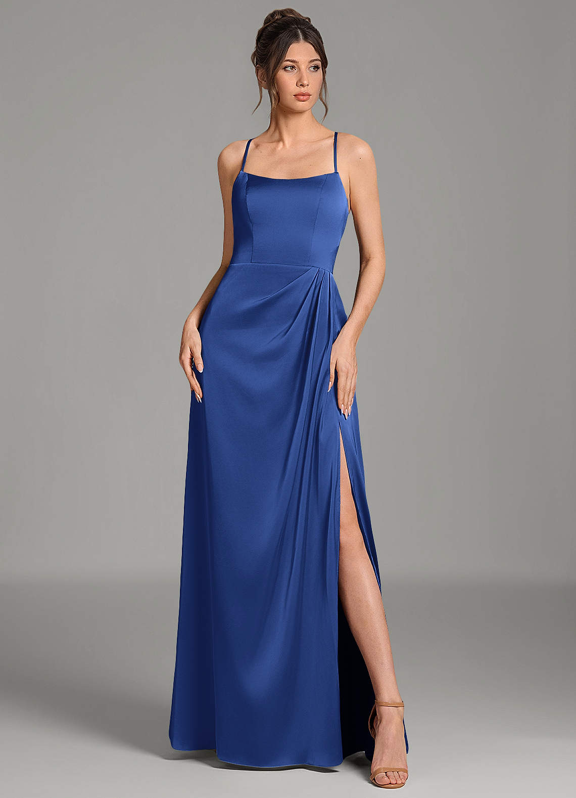 Frankie A-Line Scoop-Neck Stretch Satin Bridesmaid Dress in Royal Blue