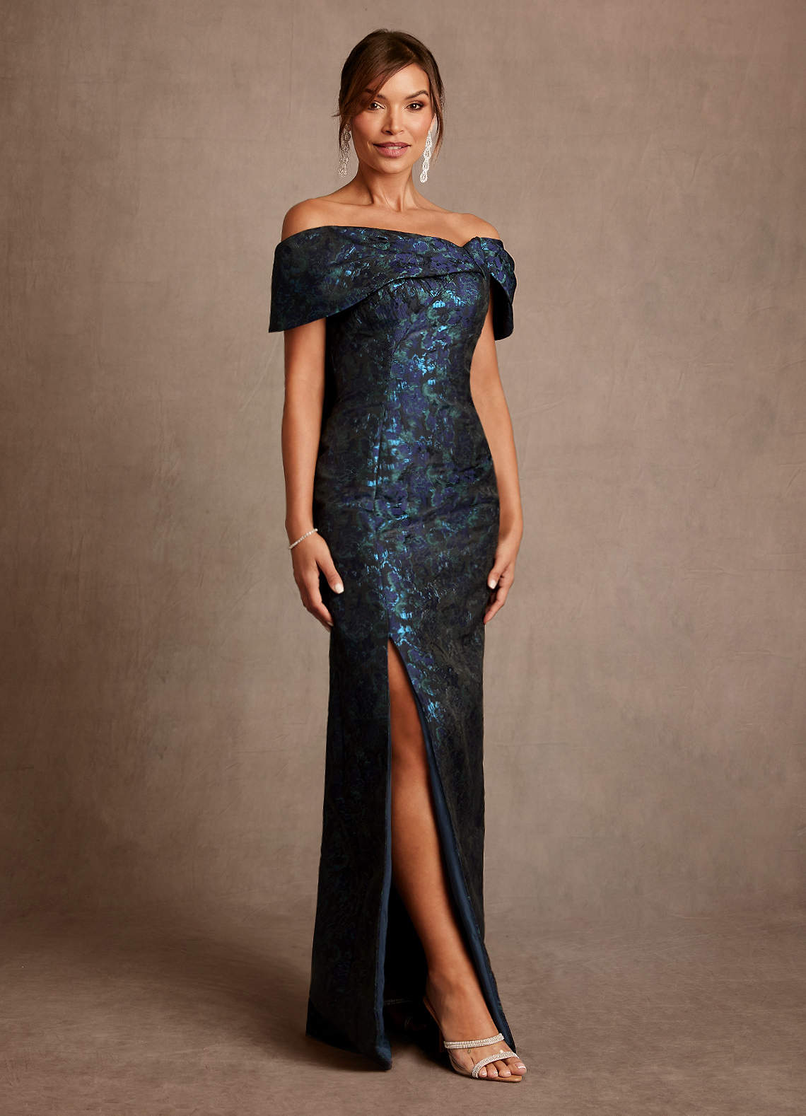 Zion Sheath Off-the-Shoulder Jacquard Mother of the Bride Dress in Dark Navy