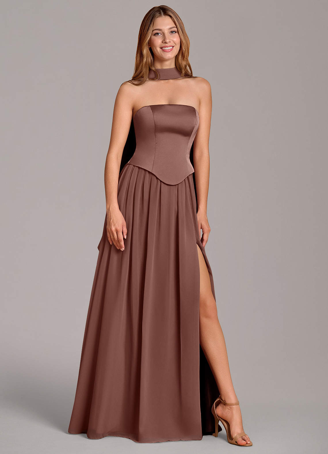Cadence A-Line Strapless Chiffon and Stretch Satin Bridesmaid Dress in Espresso