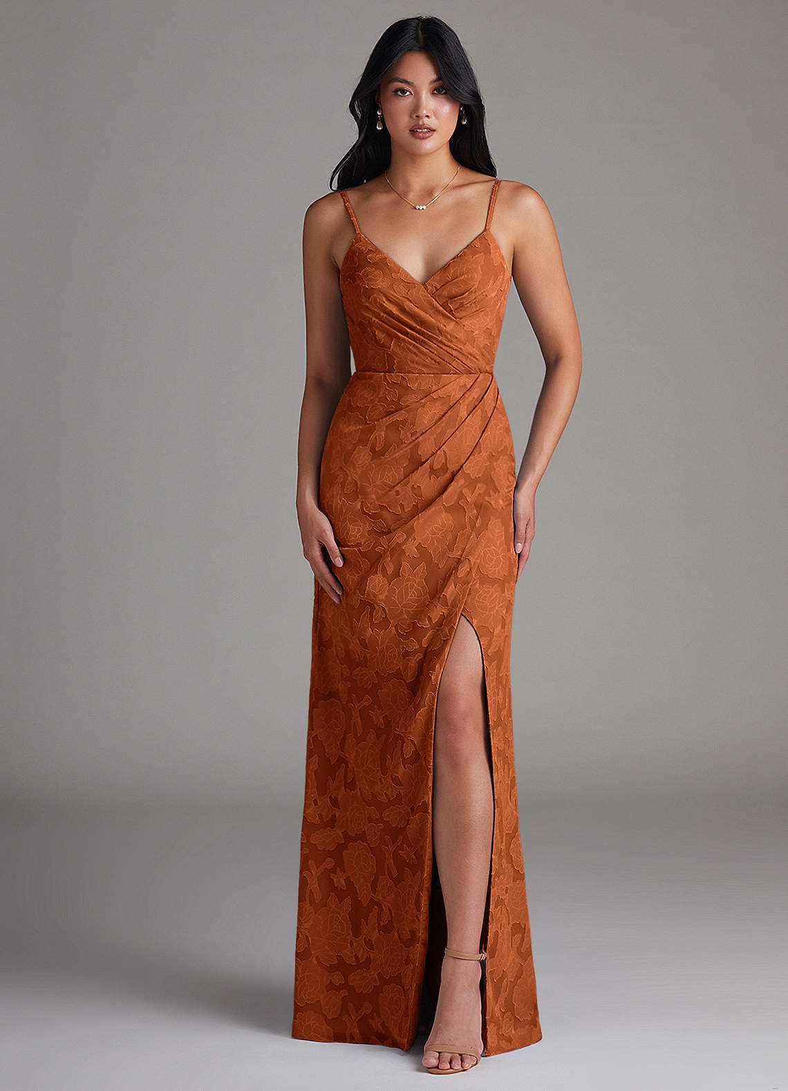Maci Sheath V-Neck Floral Burnout Bridesmaid Dress in Burnt Orange