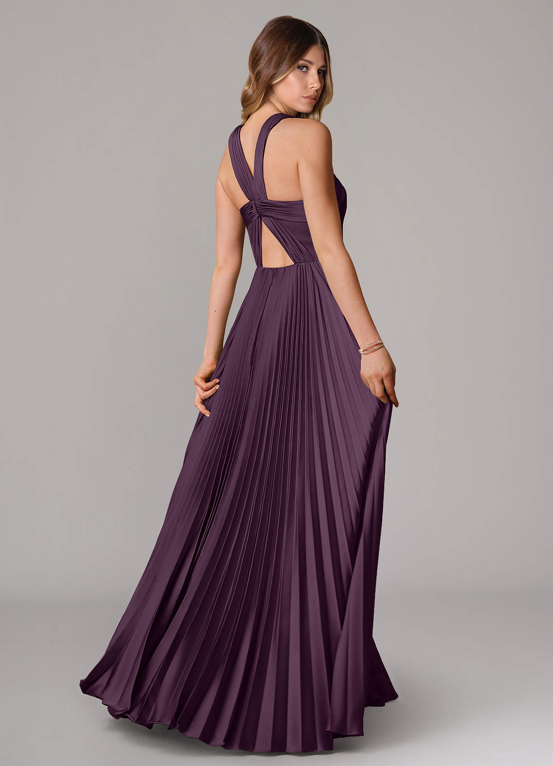 Afra A-Line Halter-Neck Stretch Satin Bridesmaid Dress in Plum