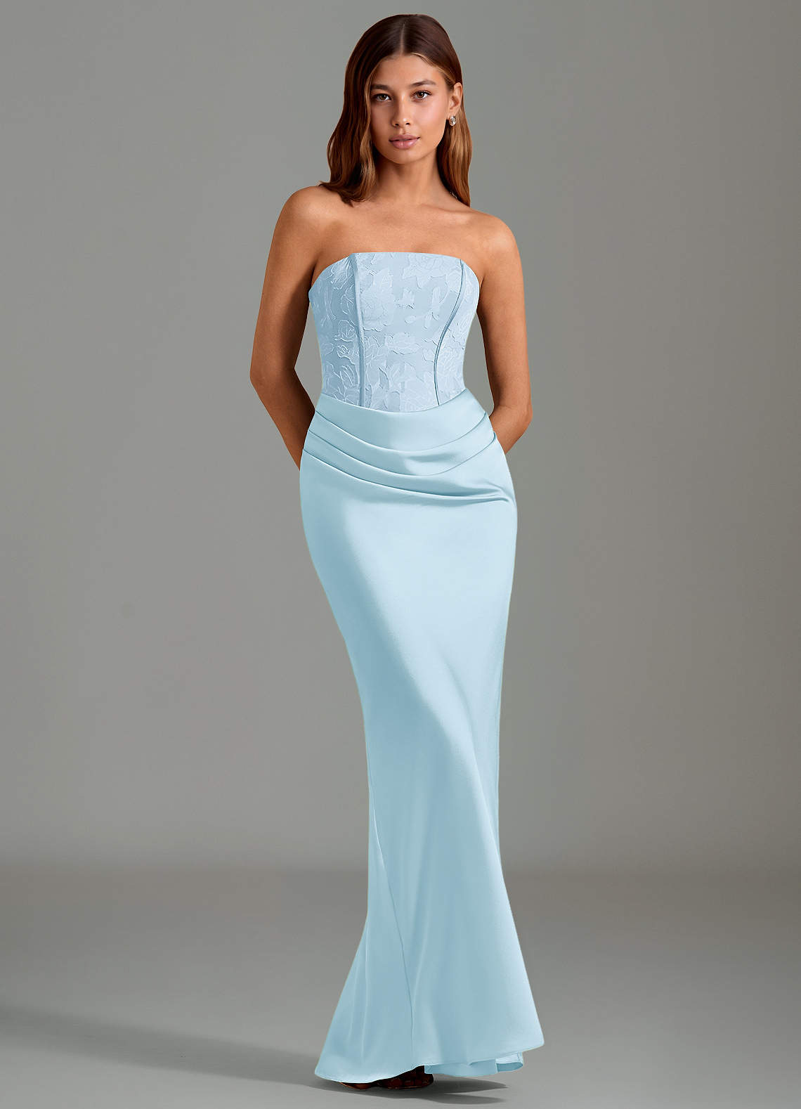 Emilia Mermaid Strapless Stretch Satin and Floral Burnout Bridesmaid Dress in Sky Blue