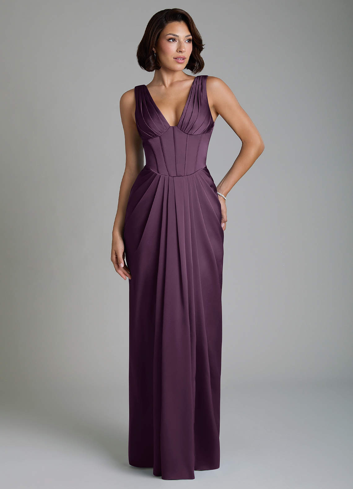 Vanya Sheath V-Neck Stretch Satin Bridesmaid Dress in Plum