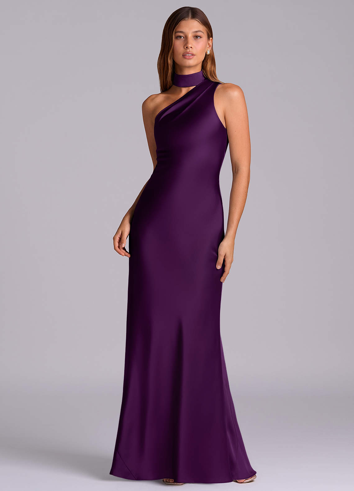 Seona Mermaid One-Shoulder Stretch Satin and Tulle Bridesmaid Dress in Grape