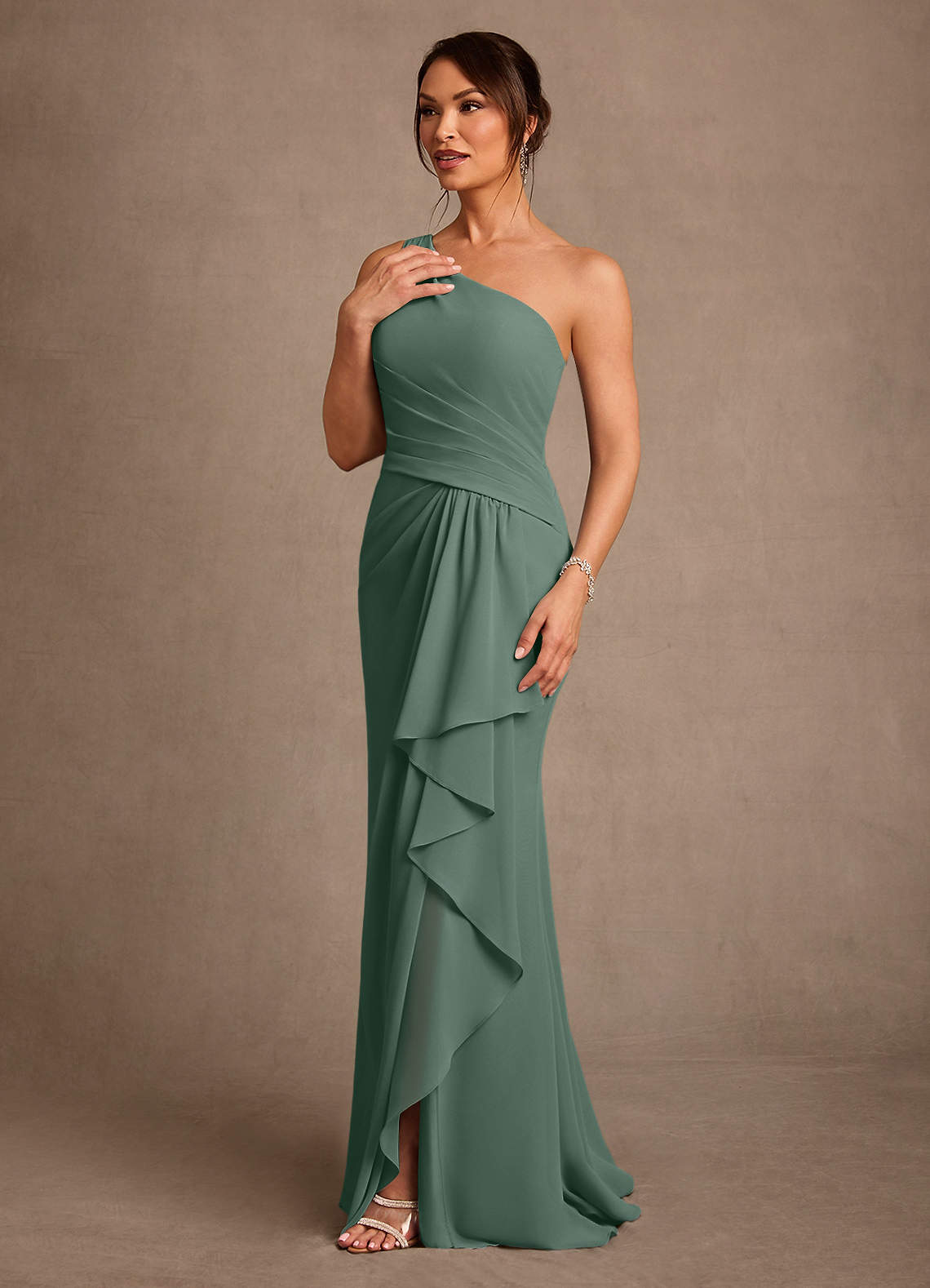 Floy Sheath One-Shoulder Chiffon Mother of the Bride Dress in eucalyptus