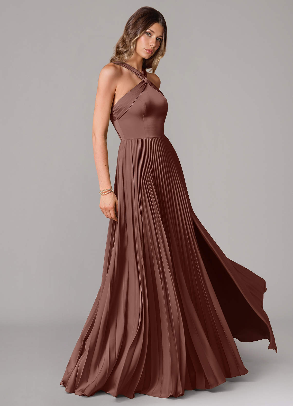Afra A-Line Halter-Neck Stretch Satin Bridesmaid Dress in Espresso