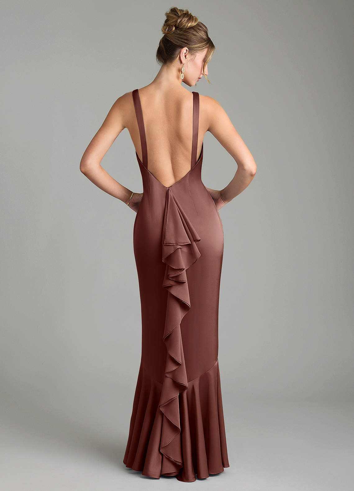Tamera Mermaid Boat-Neck Stretch Satin and Chiffon Bridesmaid Dress in Espresso