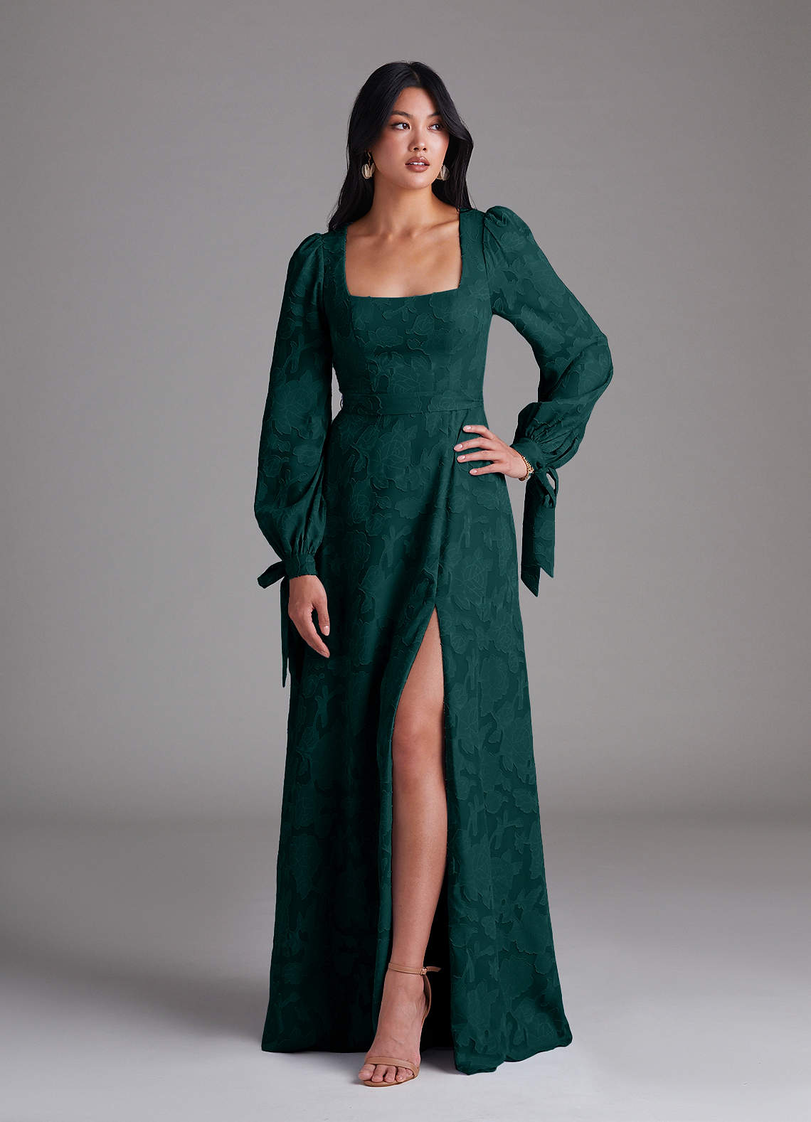 Leonia A-Line Square-Neck Stretch Satin Bridesmaid Dress in Pine
