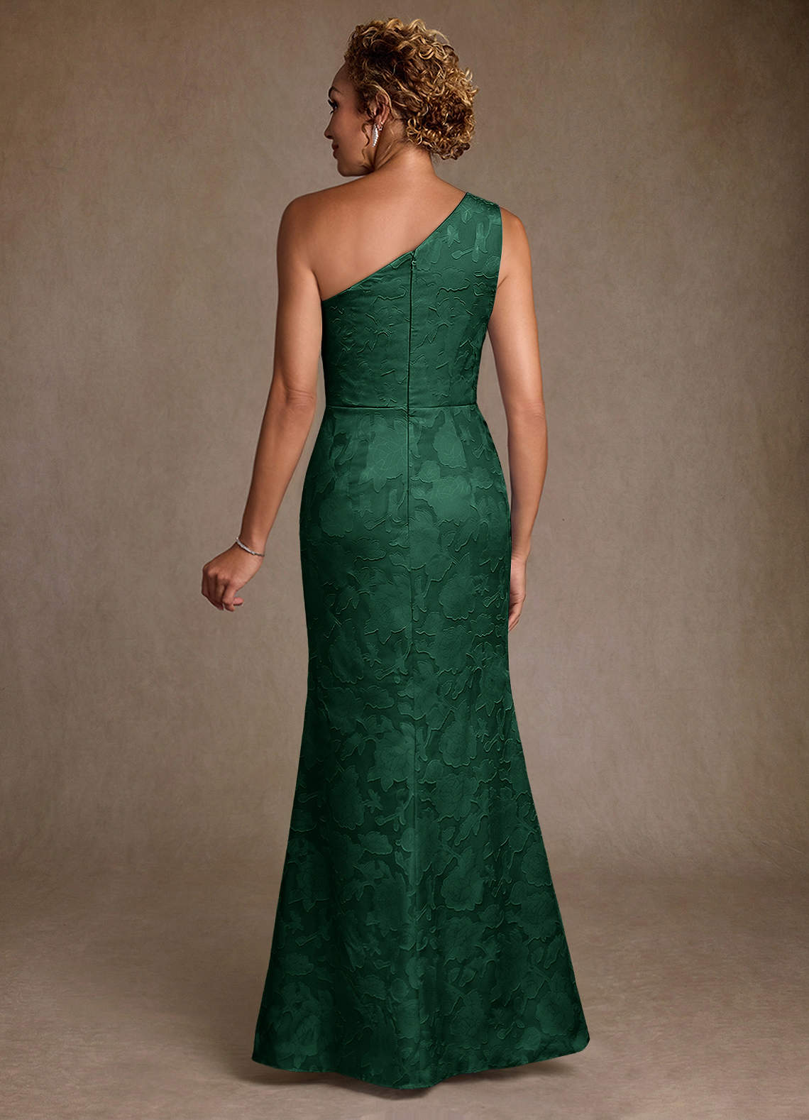 Joylin Trumpet One-Shoulder Floral Burnout Mother of the Bride Dress in Dark Green