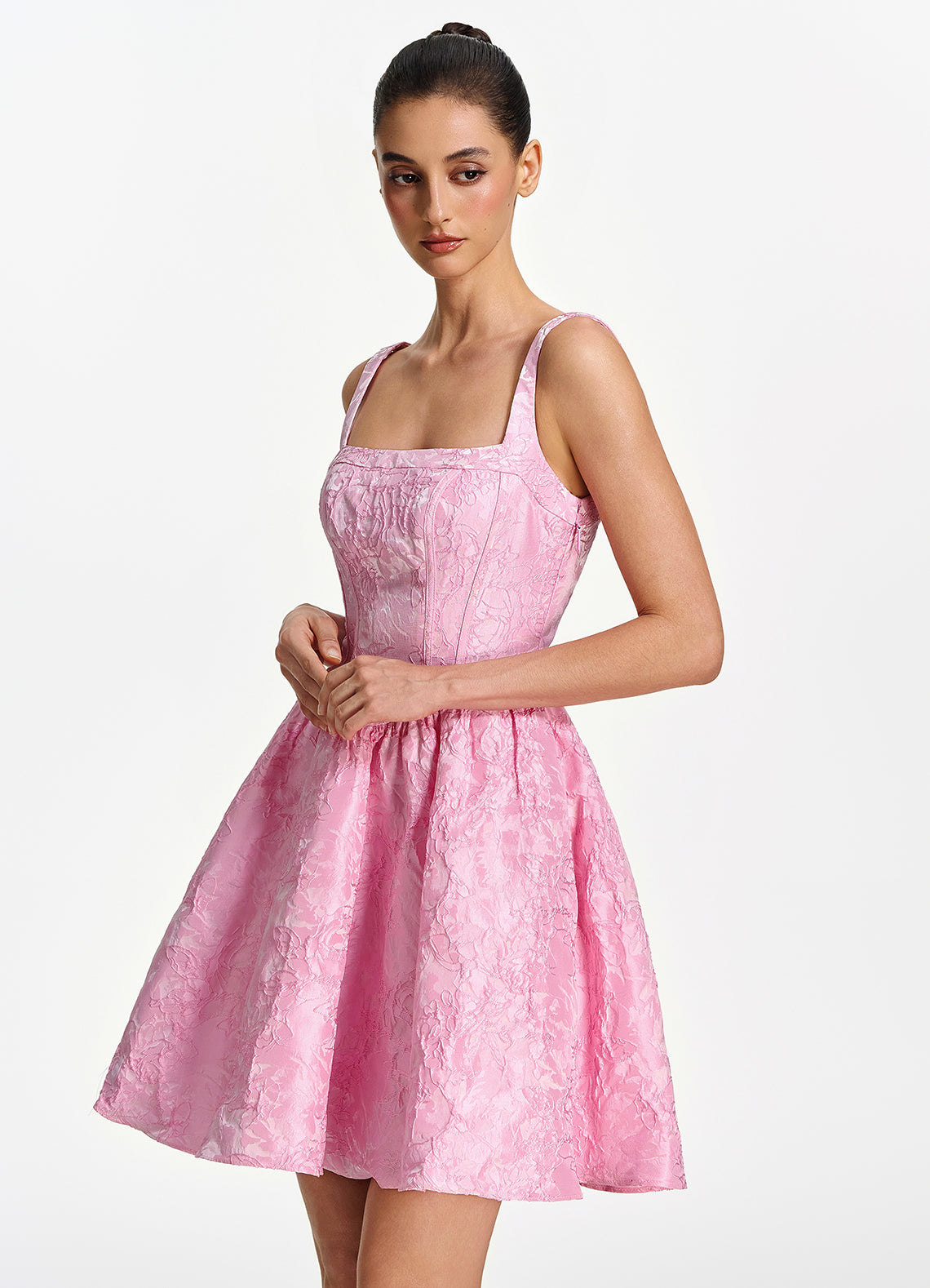 Lionelle Skater Mini Square-Neck Jacquard Prom Dress in Pink - photo 4