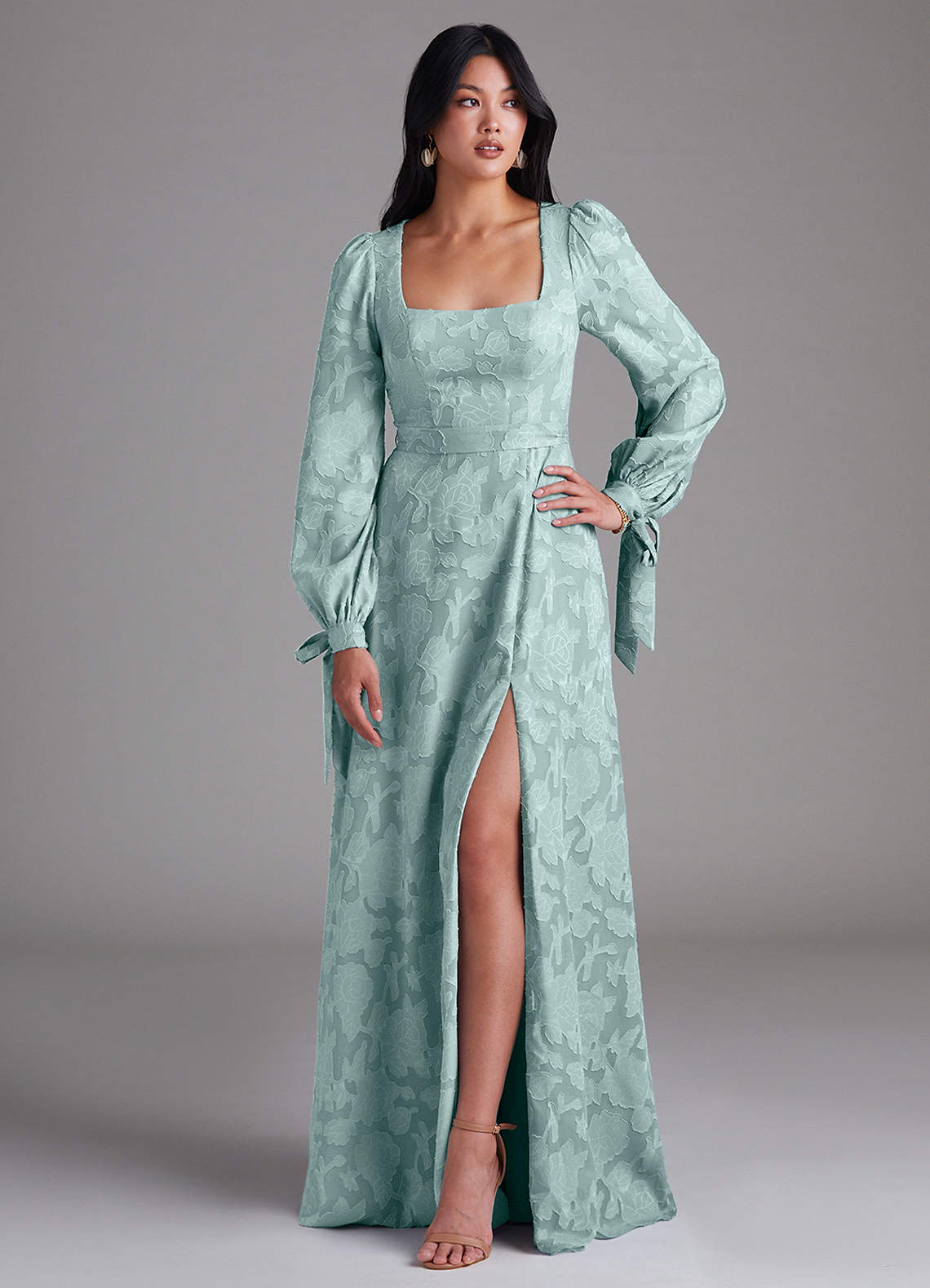 Leonia A-Line Square-Neck Stretch Satin Bridesmaid Dress in Mist
