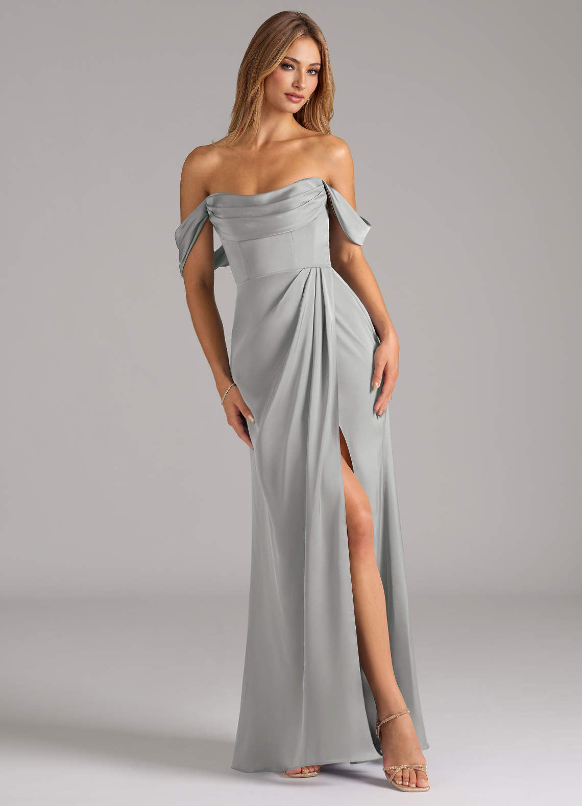 Johana Mermaid Off-the-Shoulder Stretch Satin Bridesmaid Dress in Silver