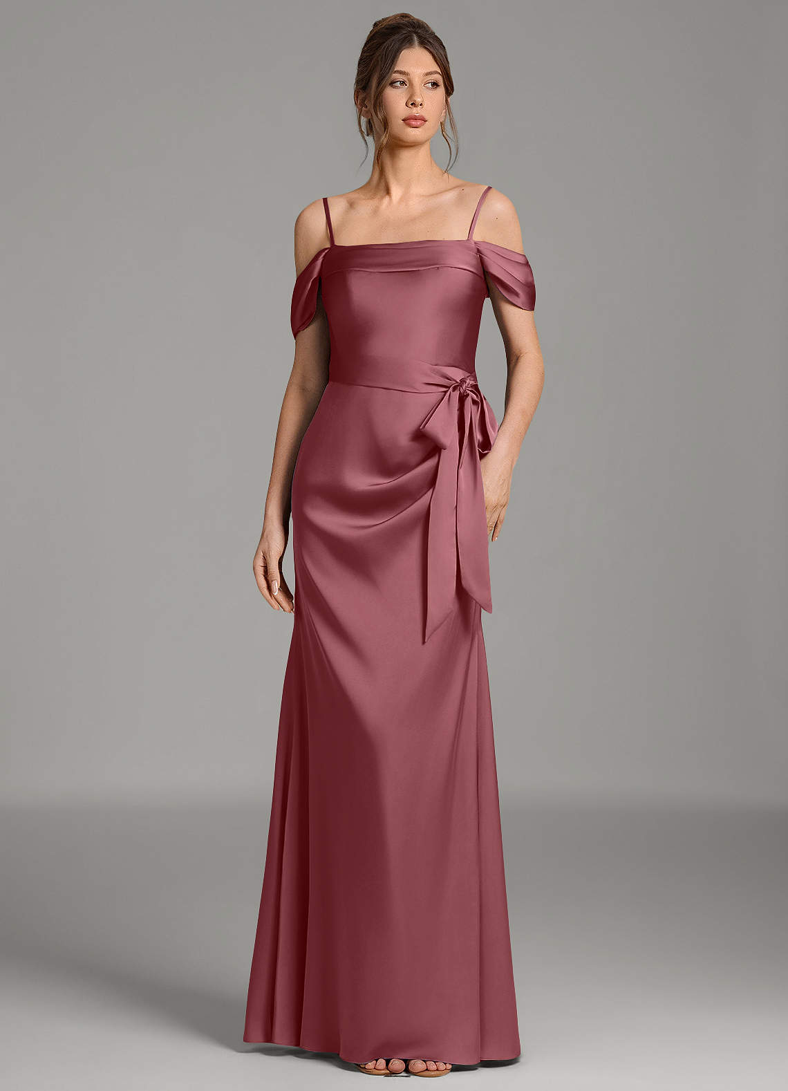 Wyatt Mermaid Off-the-Shoulder Stretch Satin Bridesmaid Dress in Desert Rose
