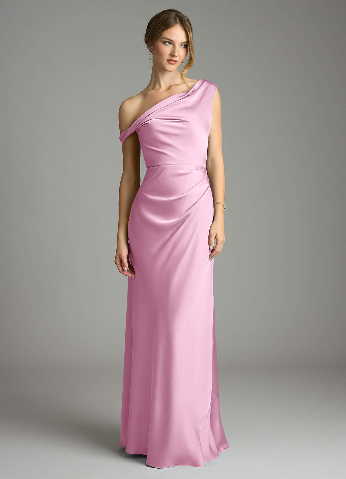 Emerson Mermaid One-Shoulder Stretch Satin Bridesmaid Dress in candy pink