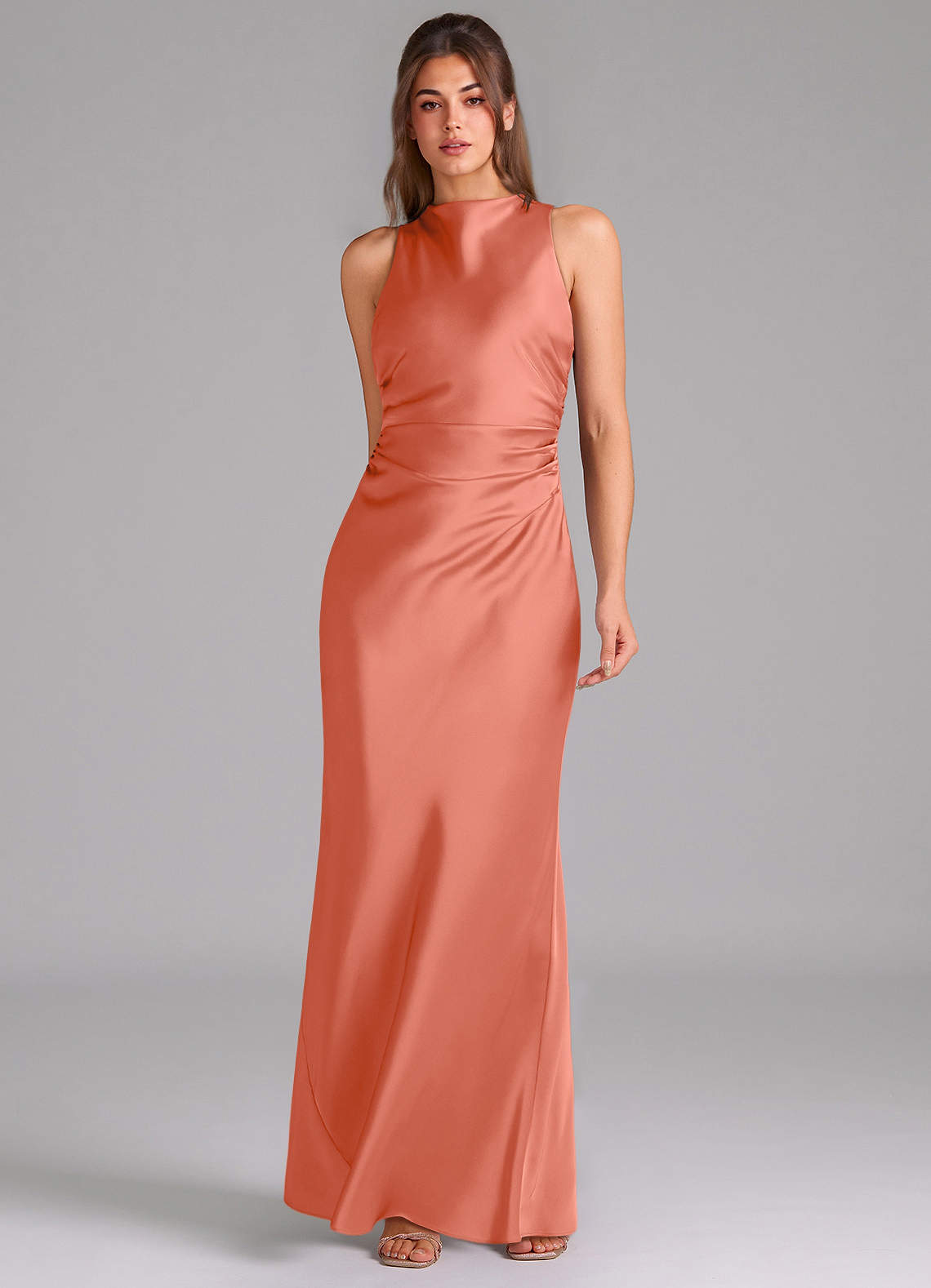 Evadne Sheath Scoop-Neck Stretch Satin Bridesmaid Dress in Salmon Pink