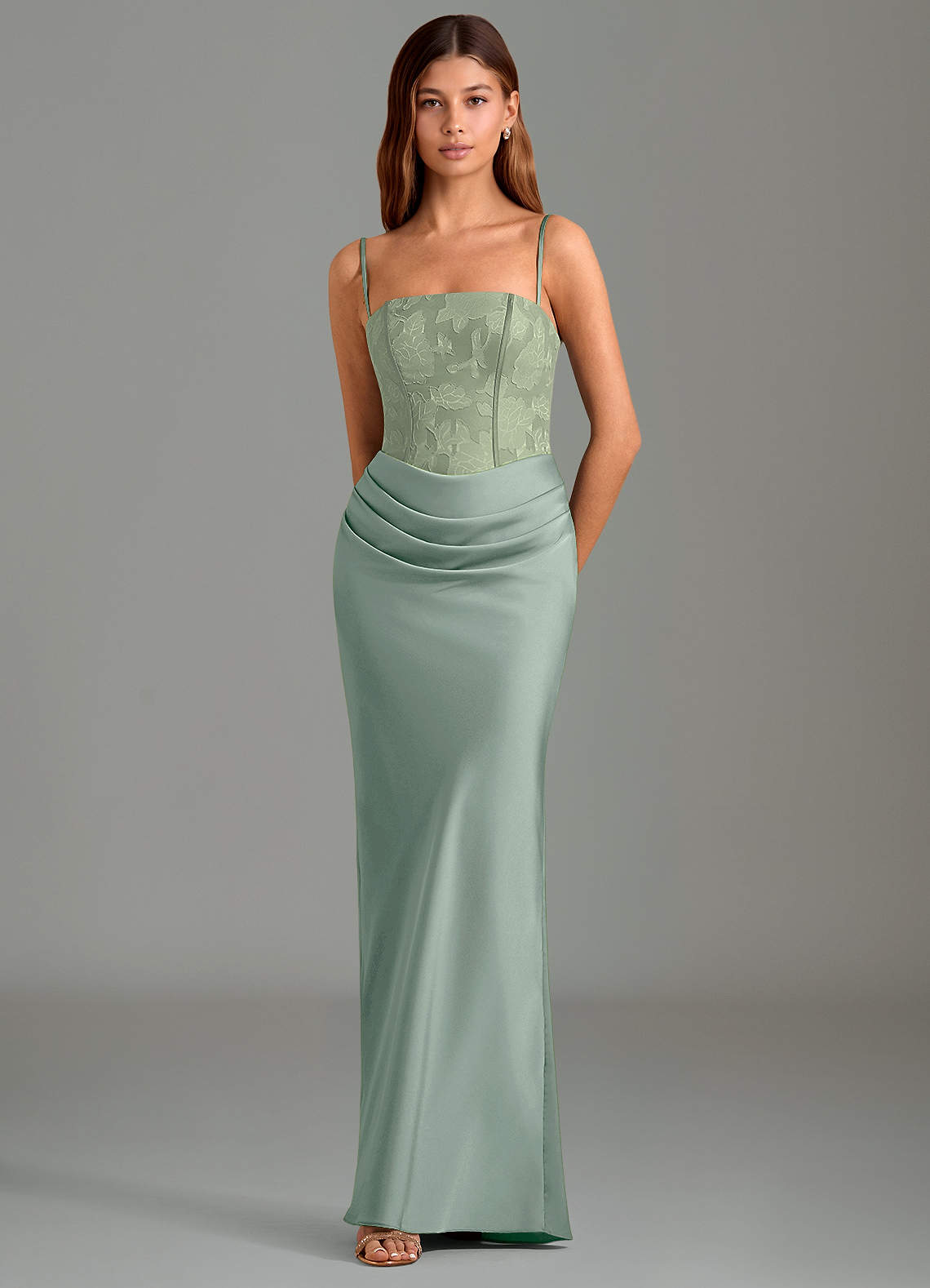 Emilia Mermaid Strapless Stretch Satin and Floral Burnout Bridesmaid Dress in Agave