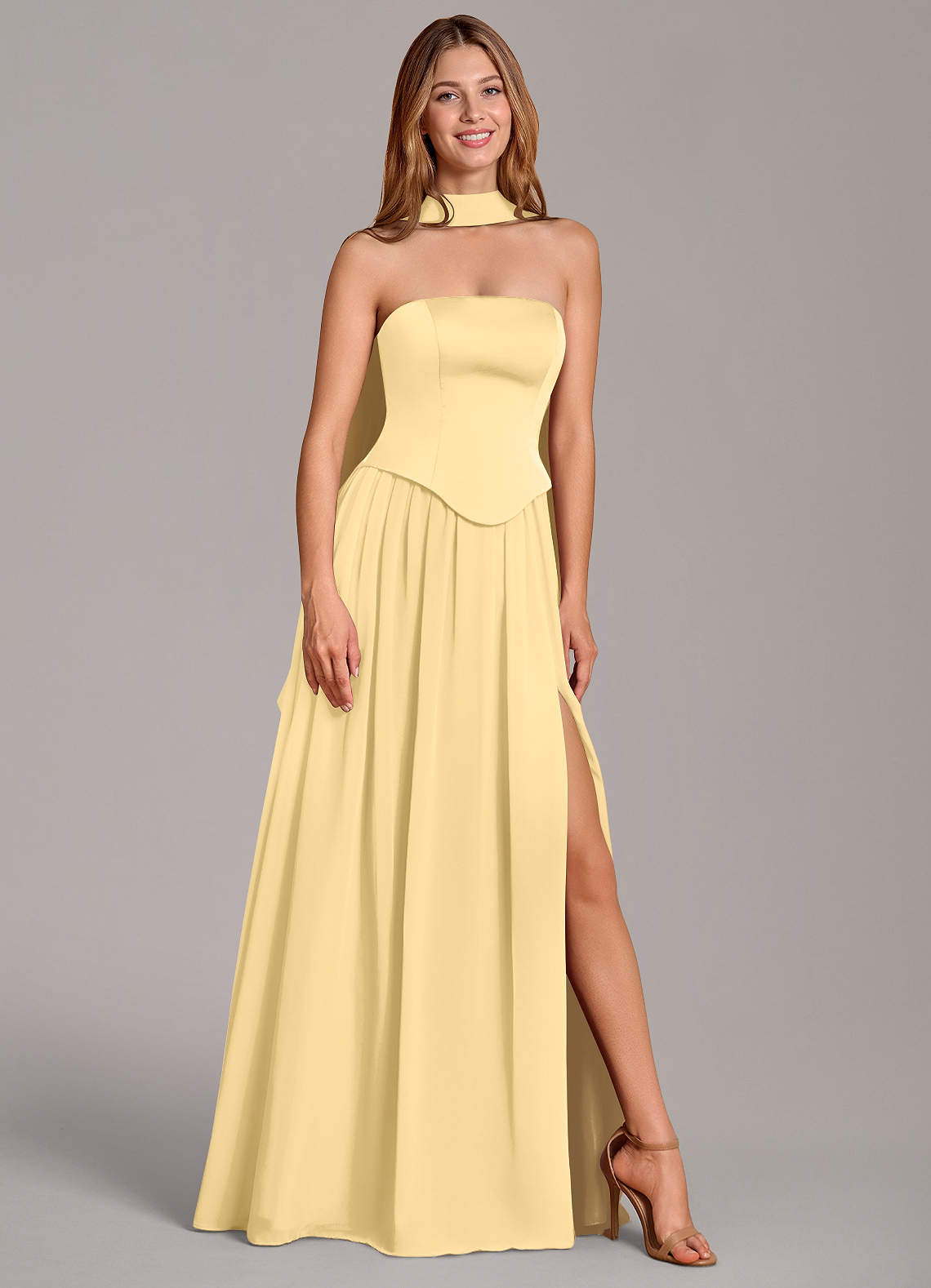 Cadence A-Line Strapless Chiffon and Stretch Satin Bridesmaid Dress in Butter