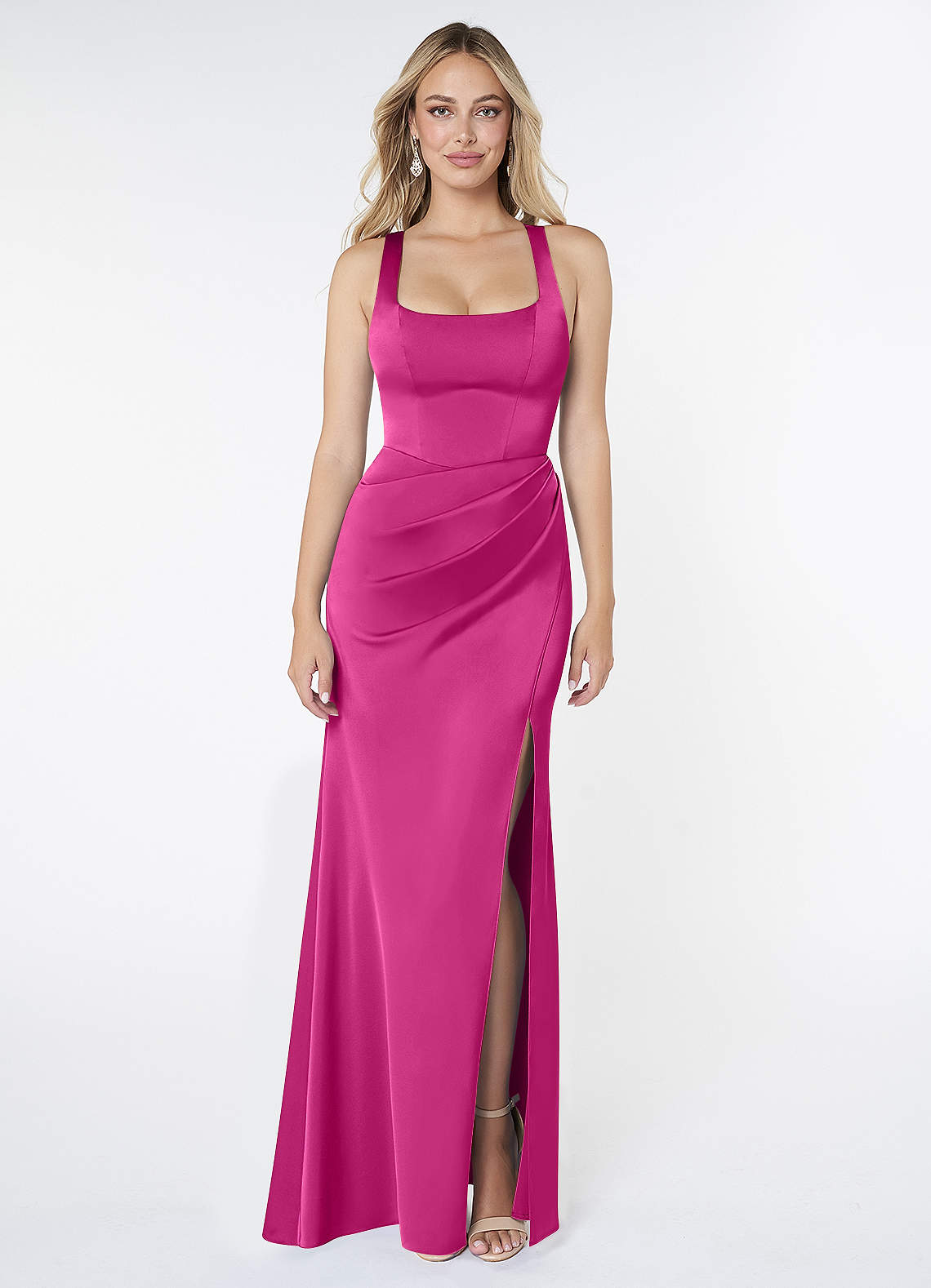 Mero Mermaid Square-Neck Stretch Satin Bridesmaid Dress in Fuchsia