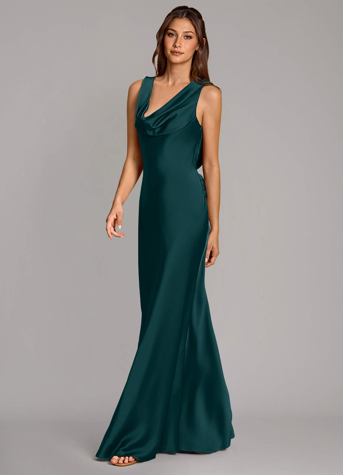 Cheryl Mermaid Cowl-Neck Stretch Satin Bridesmaid Dress in Pine