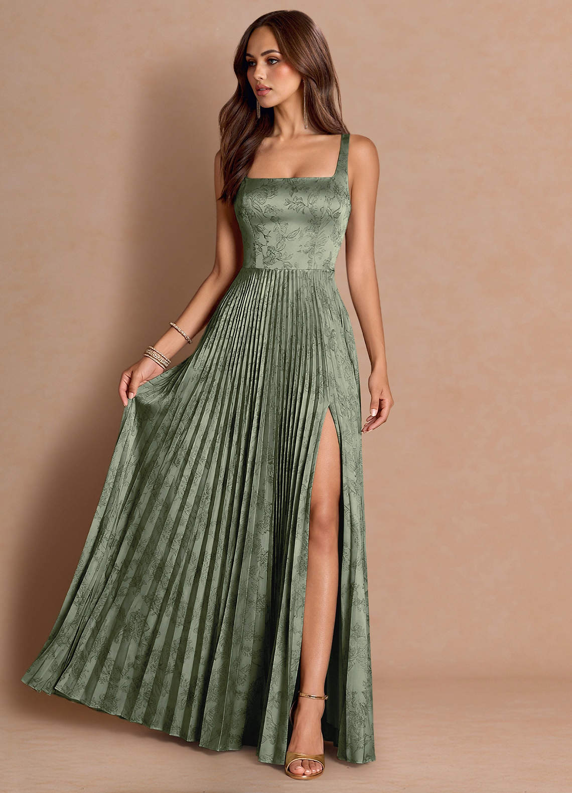 Tatiana A-Line Square-Neck Jacquard Wedding Guest Dress in Moss Navy