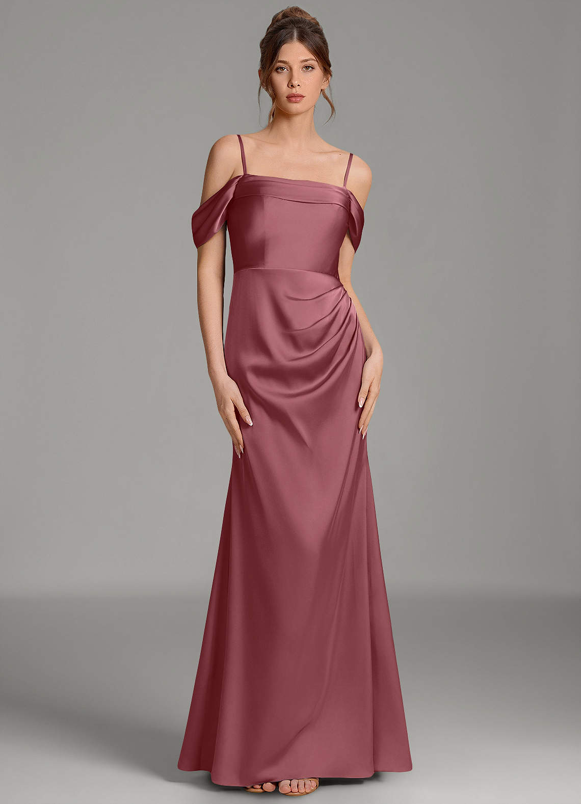 Wyatt Mermaid Off-the-Shoulder Stretch Satin Bridesmaid Dress in Desert Rose