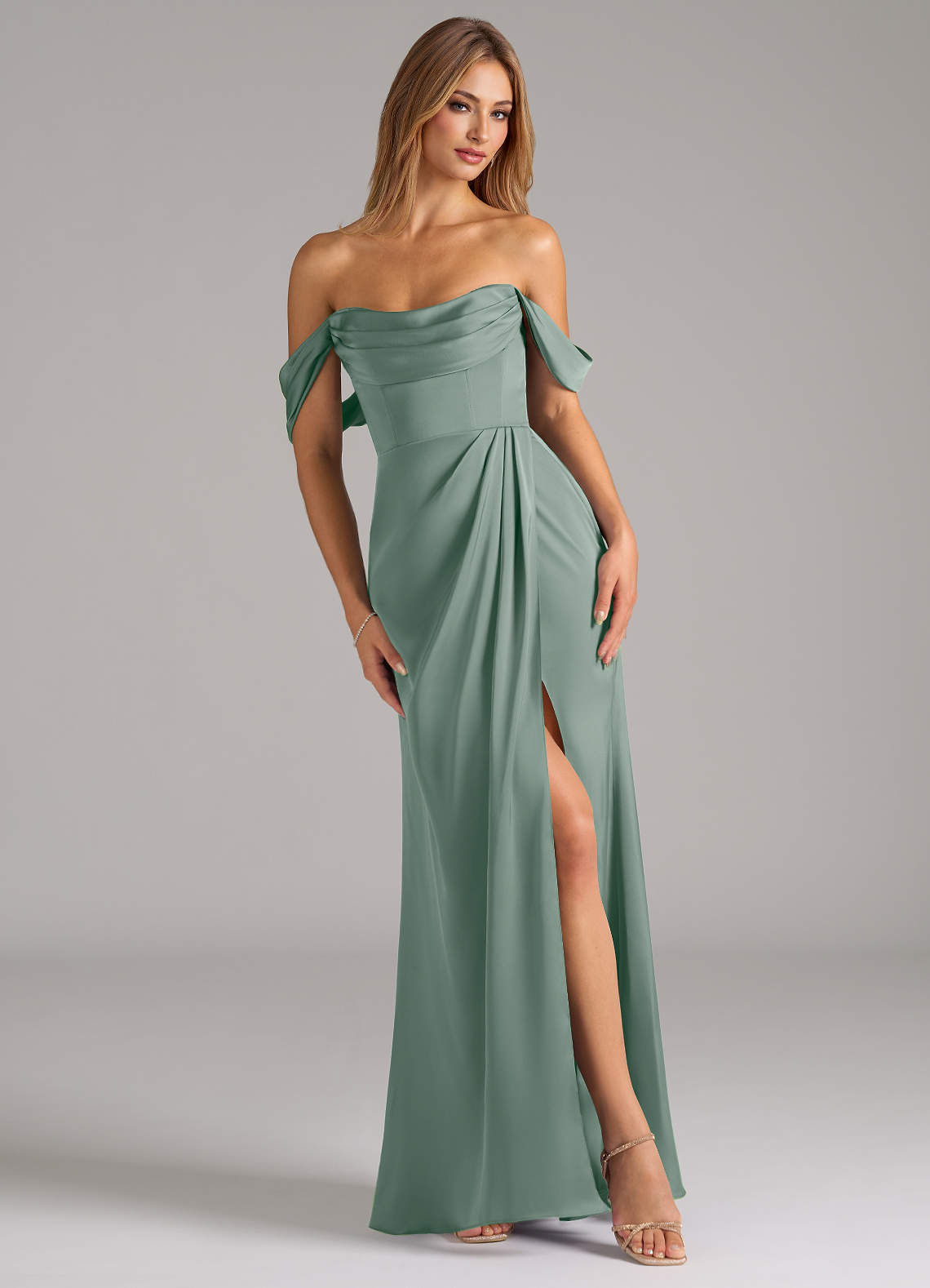 Johana Mermaid Off-the-Shoulder Stretch Satin Bridesmaid Dress in Silver Sage