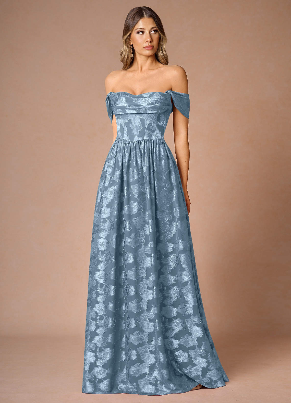 Hazel A-Line Cowl-Neck Fil Coupé Wedding Guest Dress in Dusty Blue