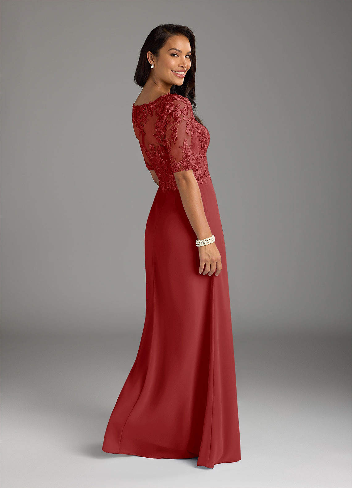 Amedeus A-Line V-Neck Chiffon and Lace Mother of the Bride Dress in Rust