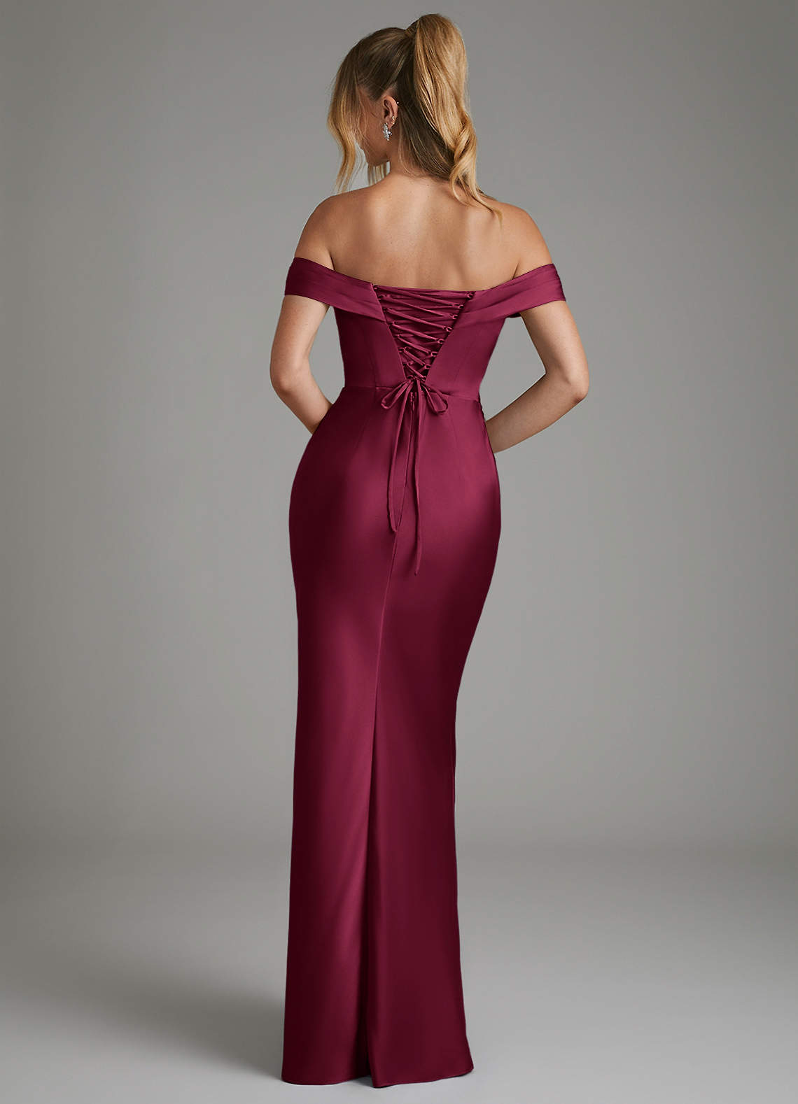 Hayden Mermaid Off-the-Shoulder Stretch Satin Bridesmaid Dress in Burgundy