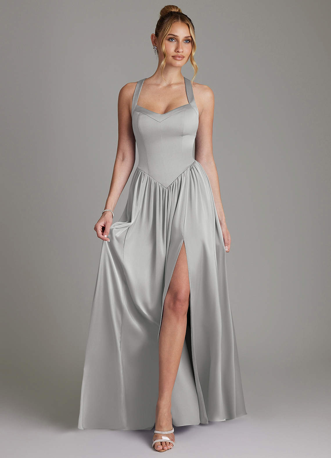 Francis A-Line V-Neck Stretch Satin Bridesmaid Dress in Silver