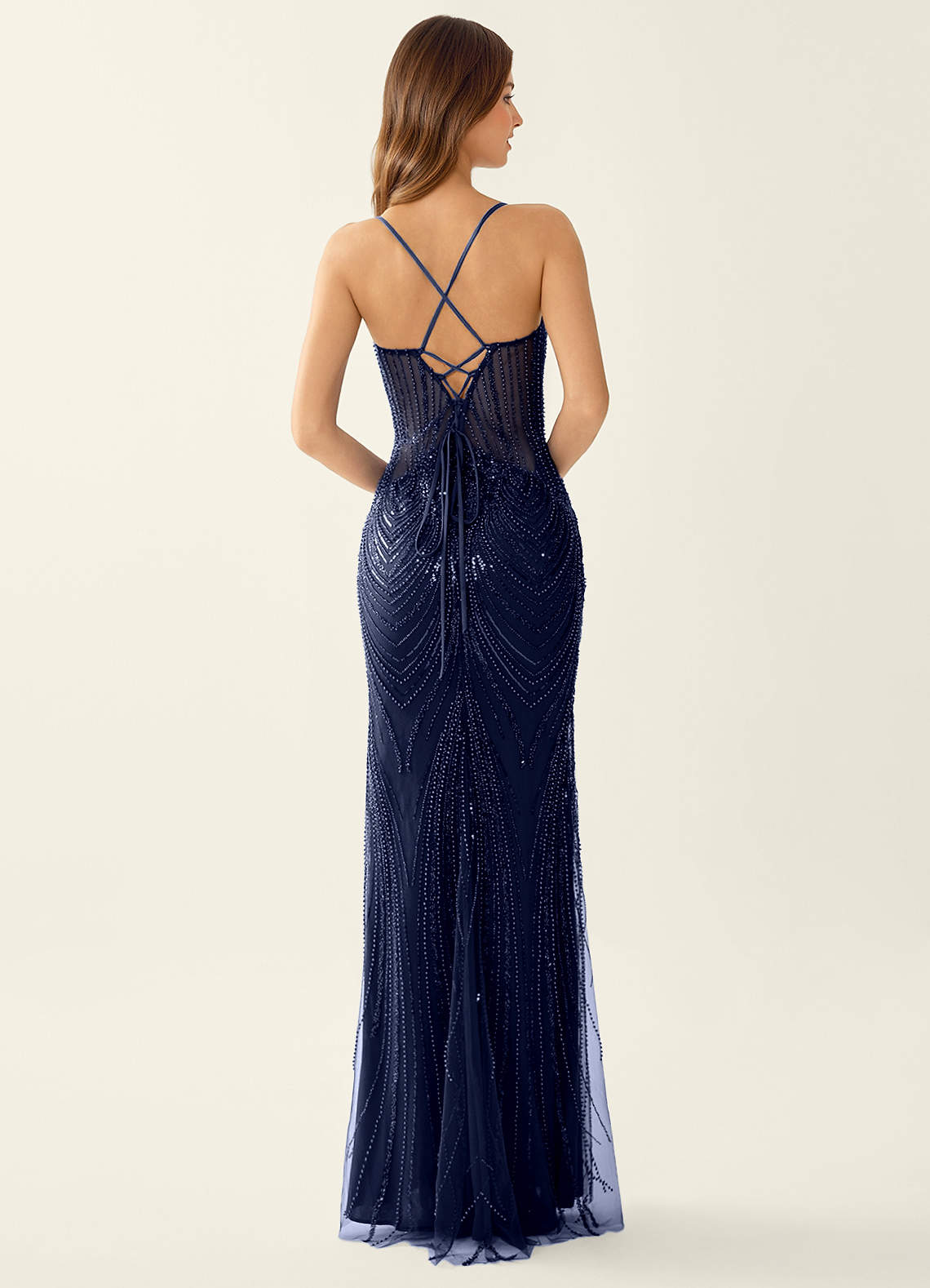 Magnolia Mermaid Beaded Sequined Stretch Mesh Evening Dress in Peacock Blue