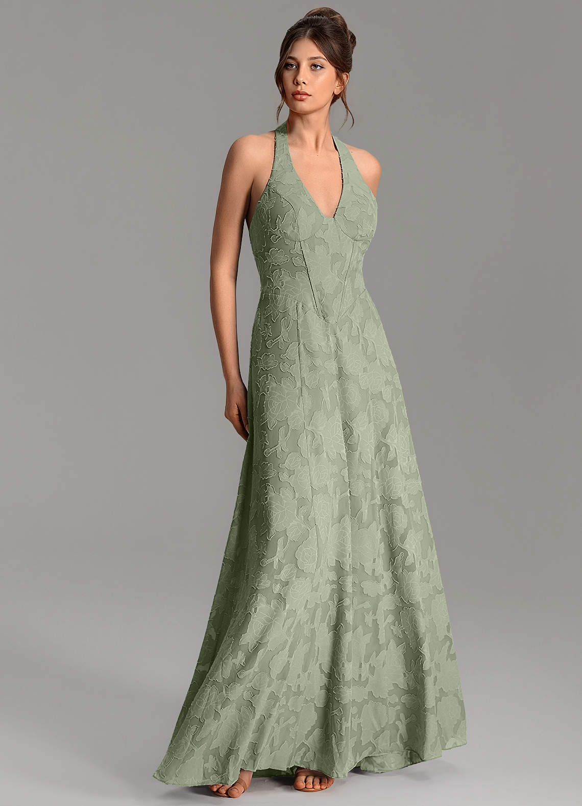 Nia A-Line V-Neck Floral Burnout Bridesmaid Dress in Pistachio