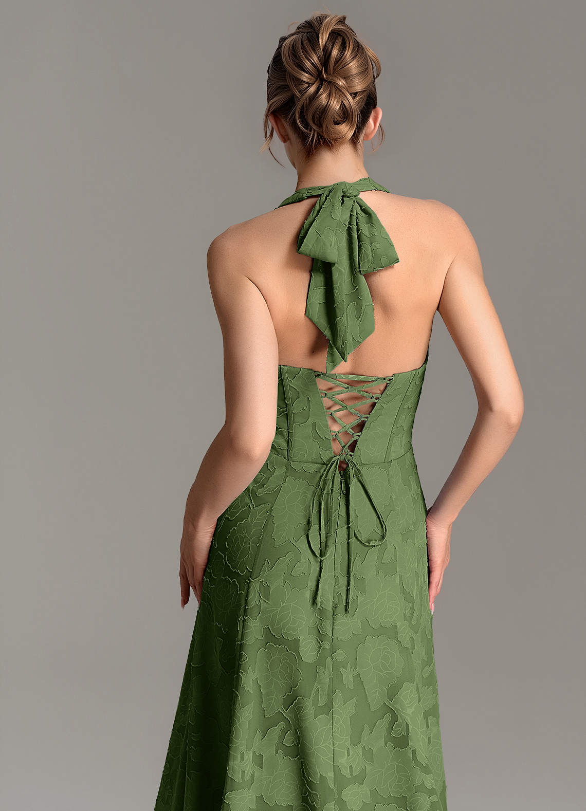 Nia A-Line V-Neck Floral Burnout Bridesmaid Dress in Olive