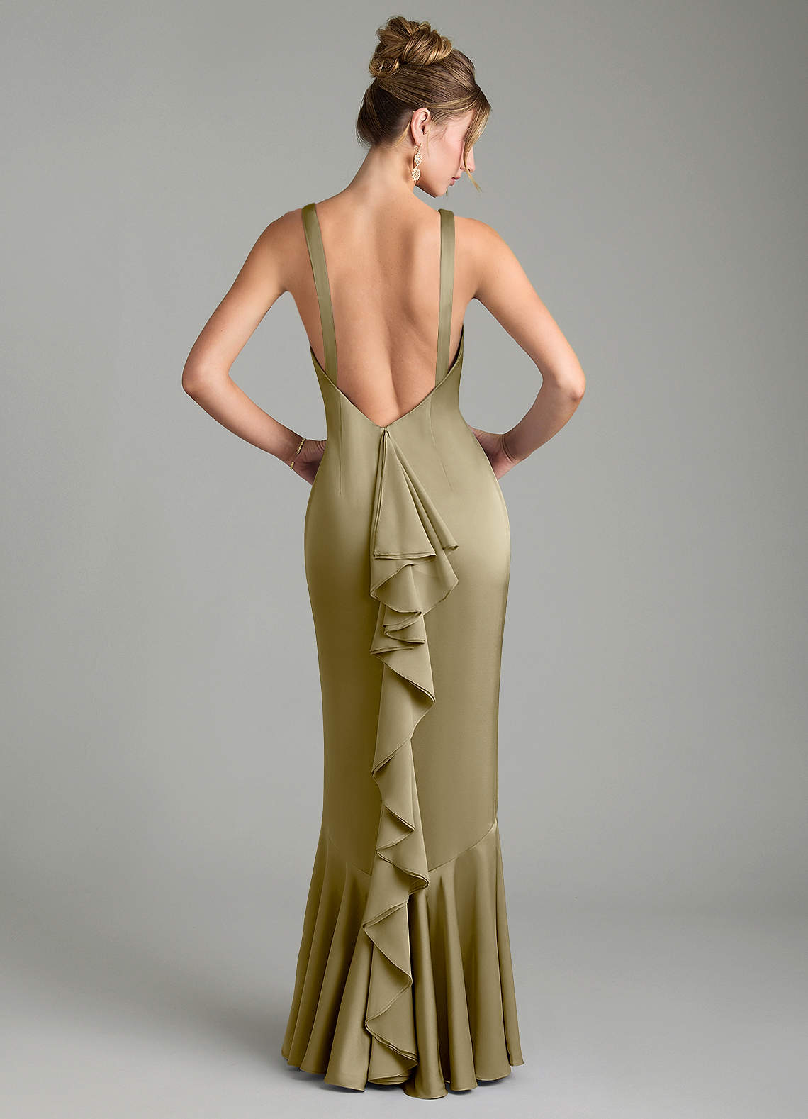 Tamera Mermaid Boat-Neck Stretch Satin and Chiffon Bridesmaid Dress in Moss Green