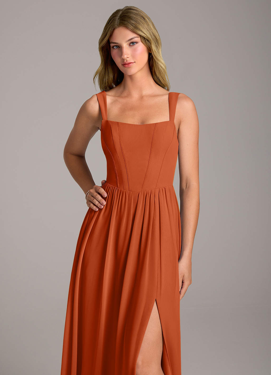 Rosaline A-Line Square-Neck Chiffon Bridesmaid Dress in Burnt Orange