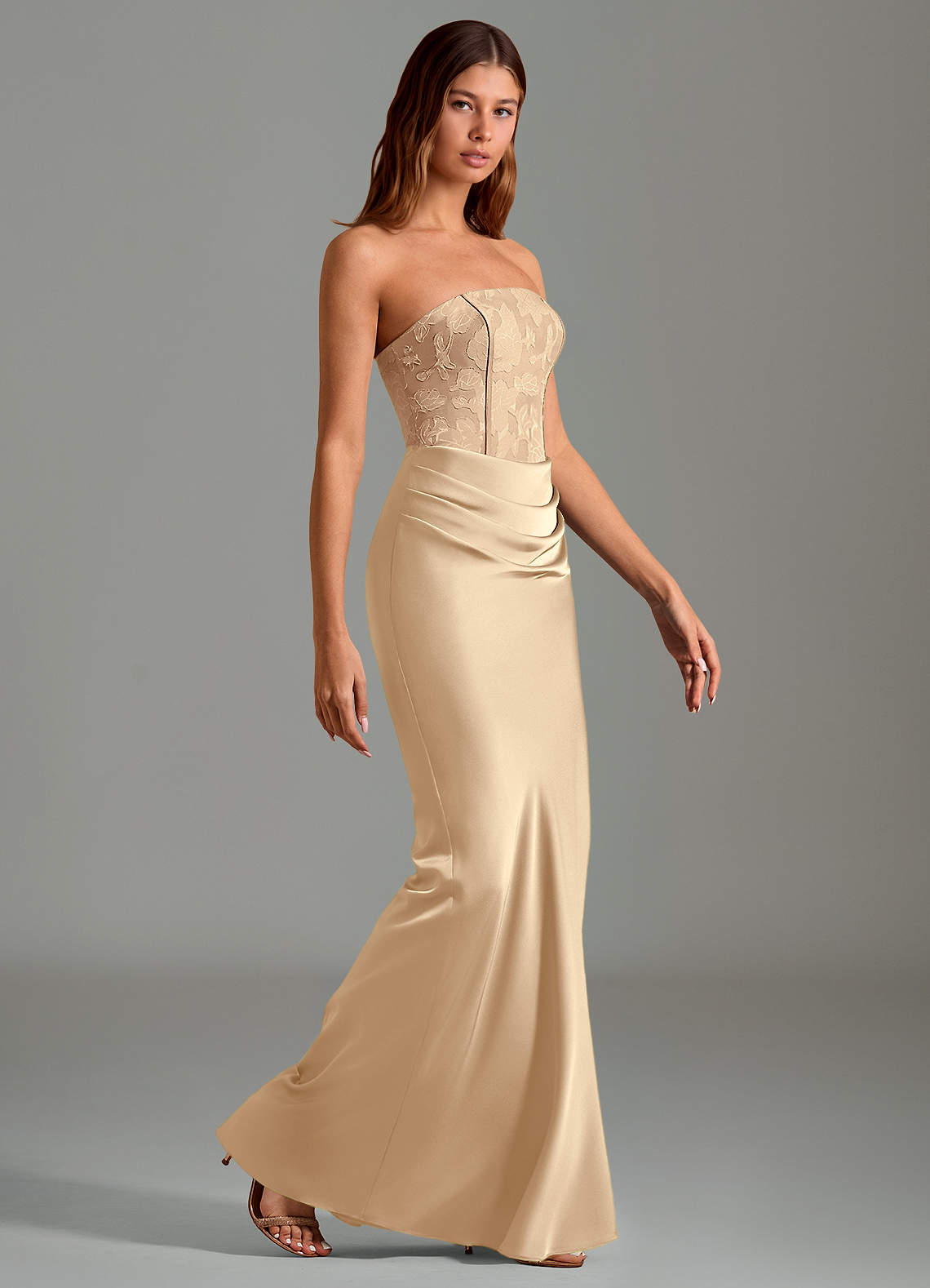 Emilia Mermaid Strapless Stretch Satin and Floral Burnout Bridesmaid Dress in Champagne