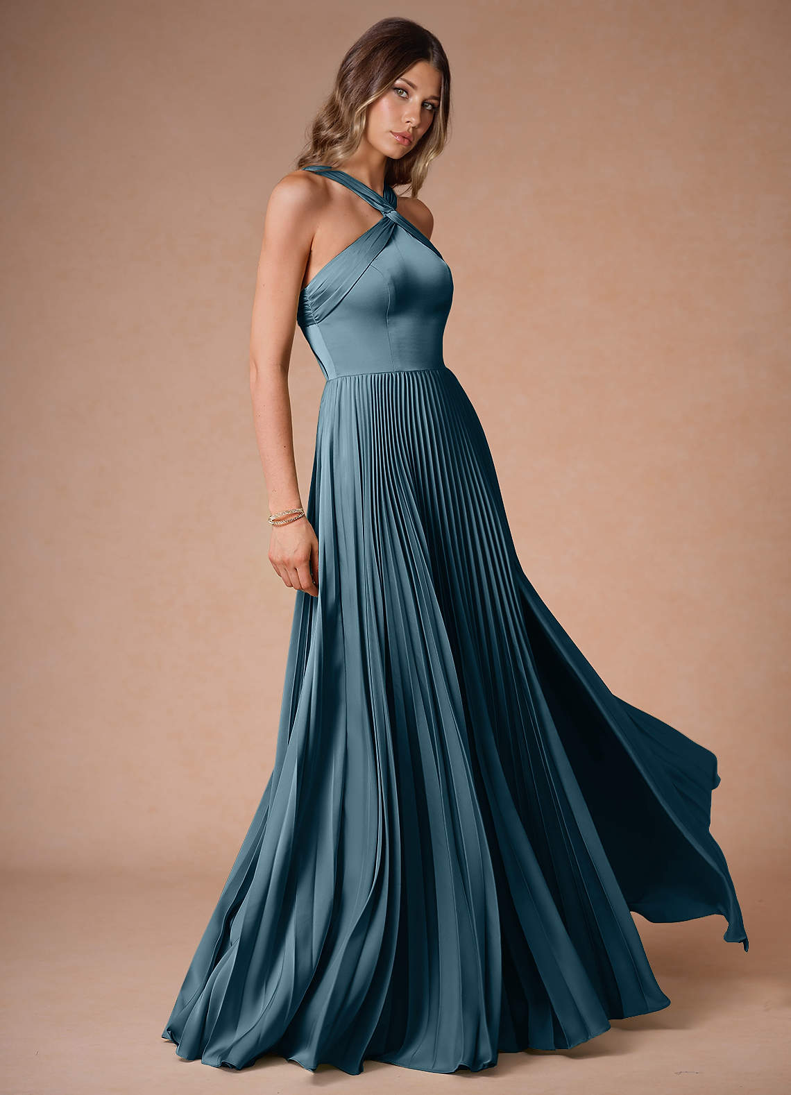 Afra A-Line Pleated Stretch Satin Wedding Guest Dress in Haze Pink