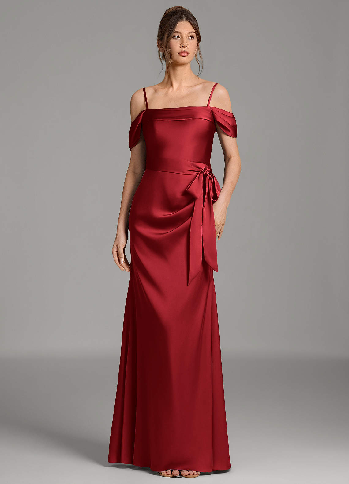 Wyatt Mermaid Off-the-Shoulder Stretch Satin Bridesmaid Dress in Scarlet