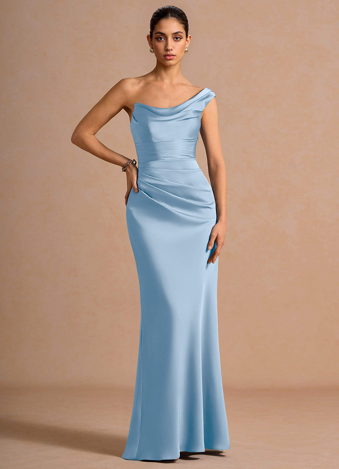 Cassiopeia One-Shoulder Draped Stretch Satin Evening Dress in Lemon Green