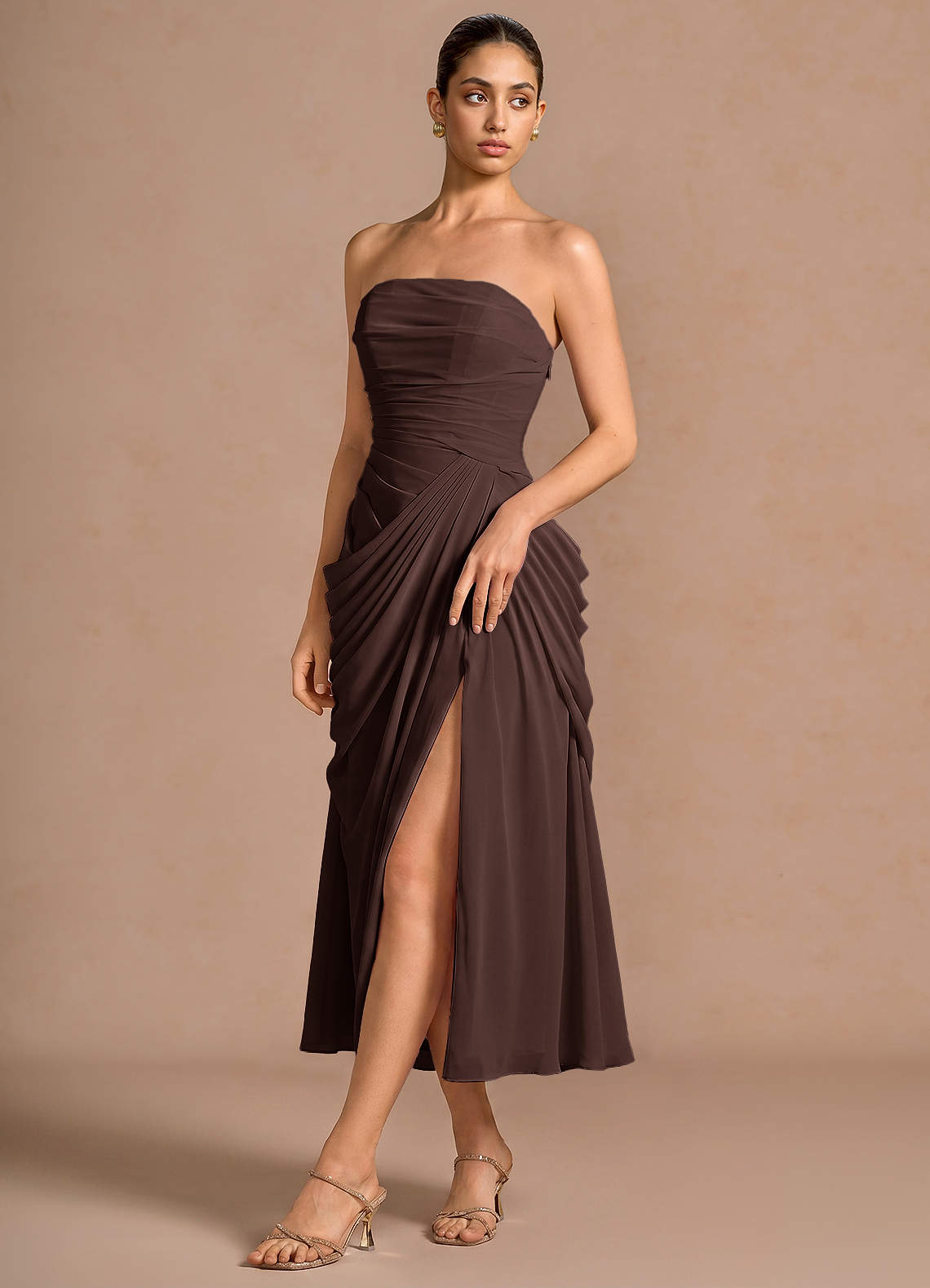 Kaavia Column Pleated Chiffon Midi Evening Dress in Truffle