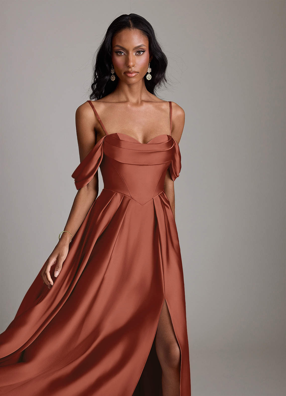 Loisa A-Line Off-the-Shoulder Stretch Satin Bridesmaid Dress in Auburn