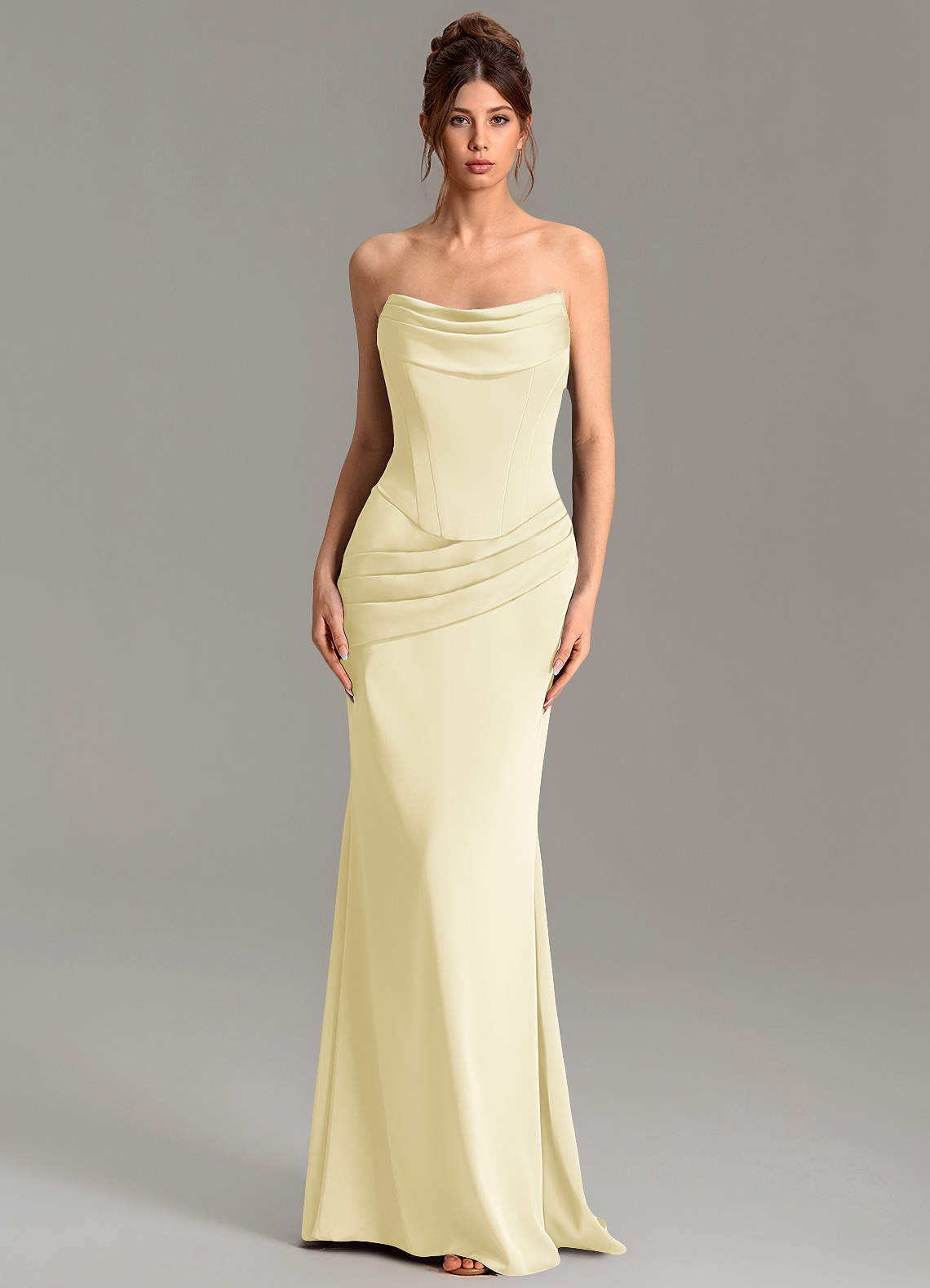Adrienne Mermaid Cowl-Neck Stretch Satin Bridesmaid Dress in Lemon Sorbet