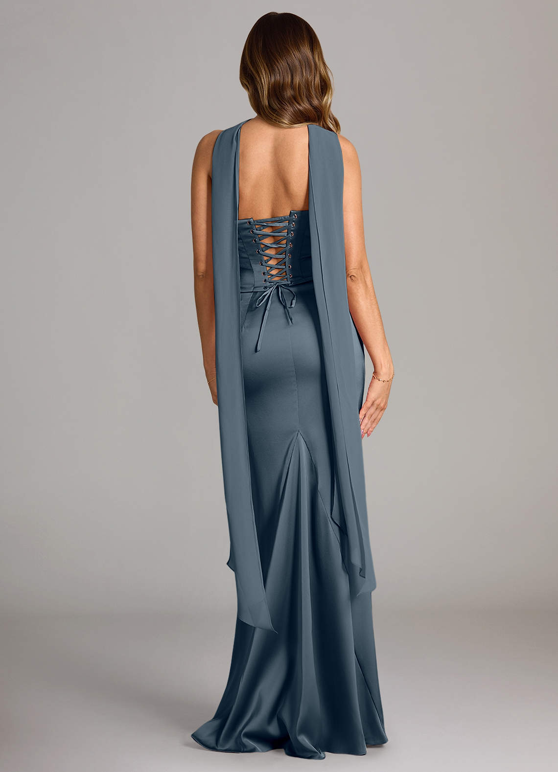 Sorrel Mermaid Cowl-Neck Stretch Satin and Chiffon Bridesmaid Dress in Twilight